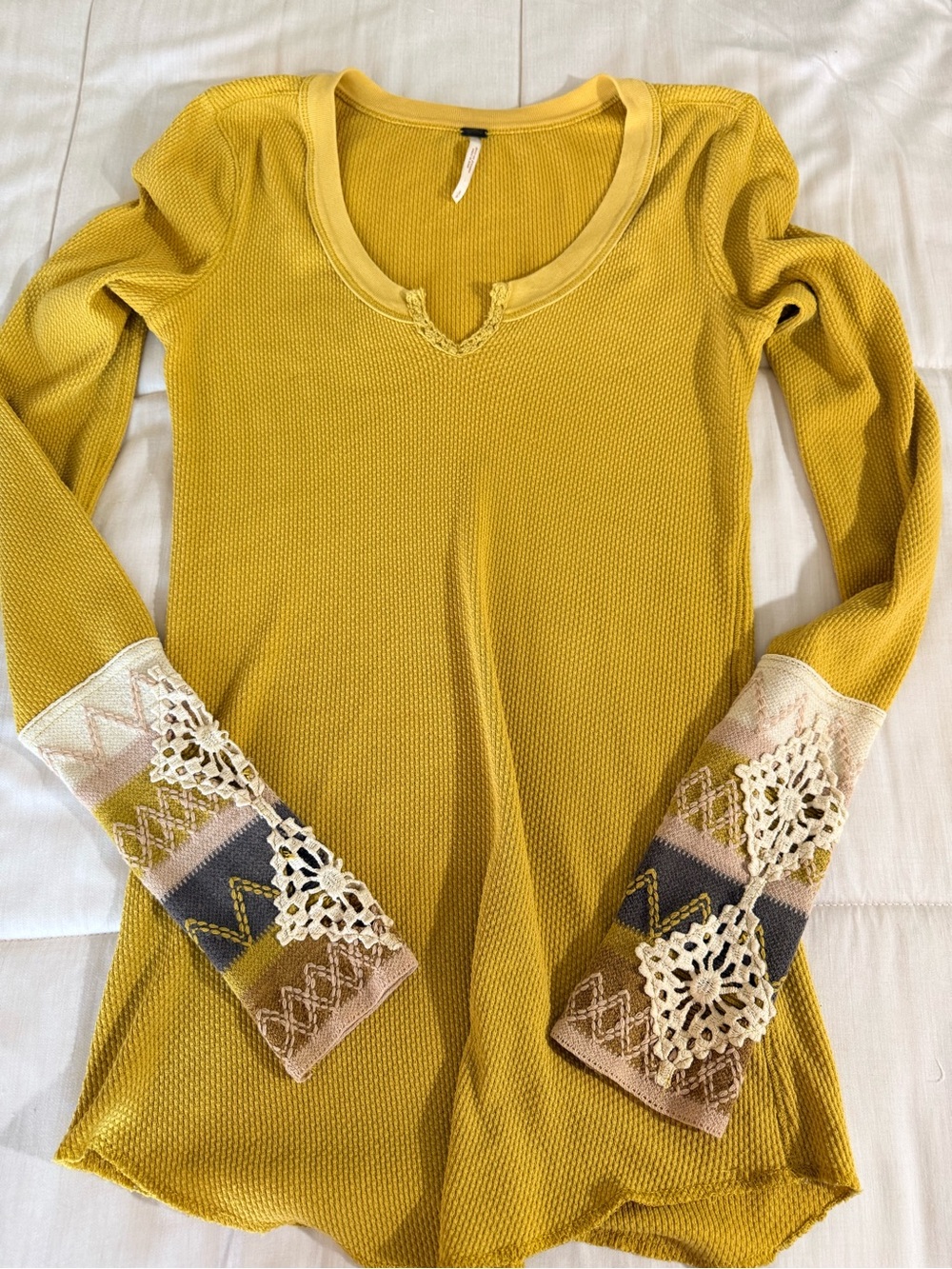 Free People Kombucha cuff thermal Henley mustard yellow boho chic shirt top sm E